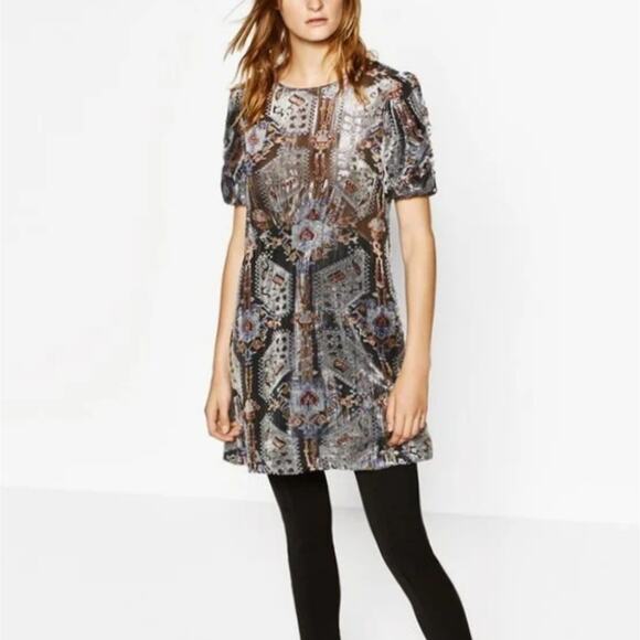 Zara Knit NEW Velvet Textured Metallic Silver Detail Empire Mini Dress M - Picture 1 of 13